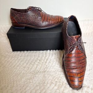 FLORIS VAN BROMMEL Derby Oxford Crocodile Print Leather Men Shoe US 11 EU 44